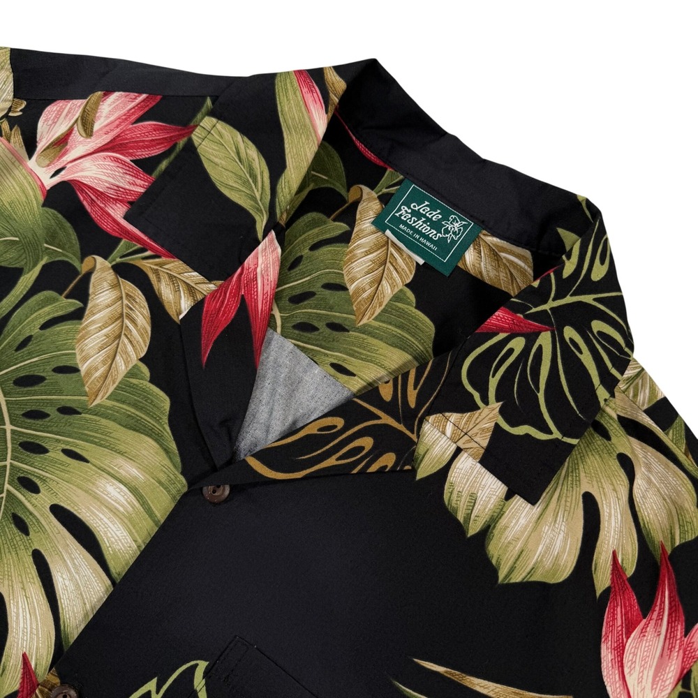 Vintage Jade Fashions Hawaiian Shirt Mens Medium Cotton Black Monstera Made USA